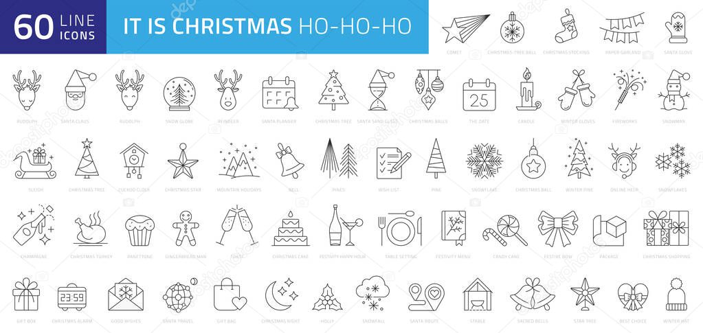 Christmas line web 60 icons set on white background