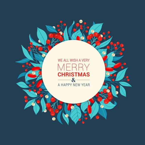 Kulatý Vánoční Rám Jedlovými Větvemi Borovými Šiškami Červenými Bobulemi Plochá — Stockový vektor