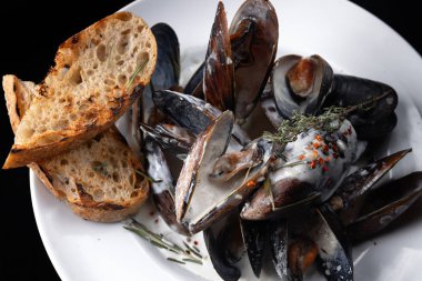 Karanlık bir arka plan üzerinde beyaz bir tabakta ekşi krema soslu midye