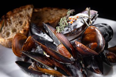 Karanlık bir arka plan üzerinde beyaz bir tabakta ekşi krema soslu midye