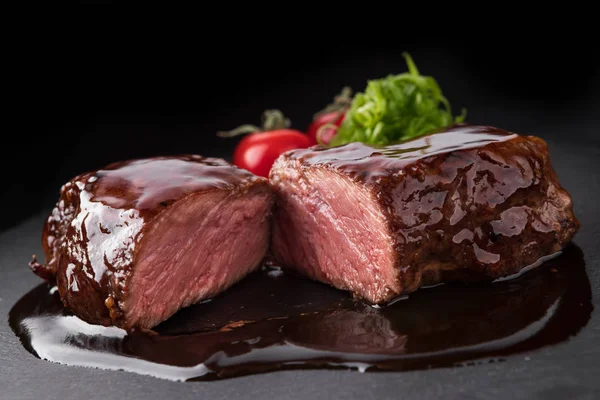 Sliced Pork Steak Teriyaki Sauce Black Stone — Stock Photo, Image