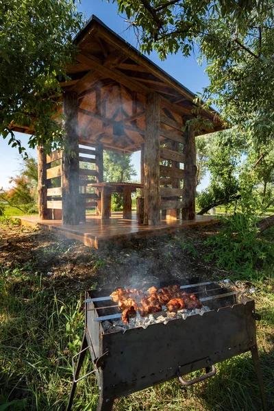 Preparazione di uno spiedino fatto di pezzi di carne e verdura shish nella strada, picnic — Foto Stock