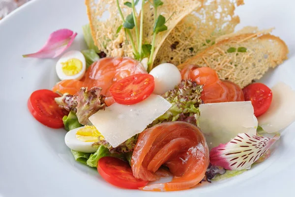 Salat mit Lachs und Käse auf einem weißen Teller — Stockfoto