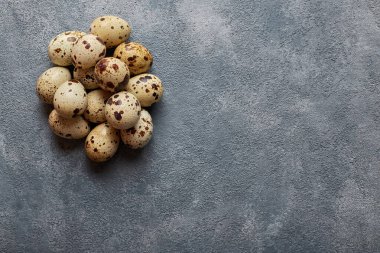 Mavi arka planda birkaç bıldırcın yumurtası.