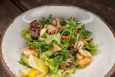 Taze yapraklı lezzetli deniz ürünleri salatası. Diyet ve Akdeniz mutfağı kavramları için mükemmel bir tabakta servis edilen sağlıklı gurme yemeği.