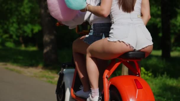 Dos hermosas chicas en pantalones cortos de mezclilla viajan en el parque en un scooter eléctrico en el verano en cámara lenta vista trasera — Vídeo de stock