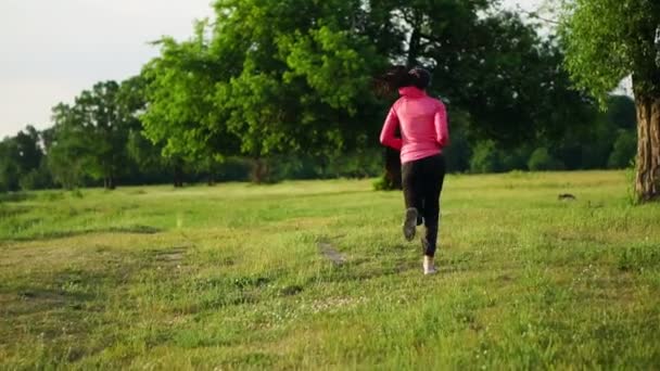 Ein morgendliches Joggen im Park in der Nähe des Teiches in den sonnigen Sonnenstrahlen der Morgendämmerung, bereitet sich das Mädchen auf Mariano und führen einen gesunden Lebensstil — Stockvideo