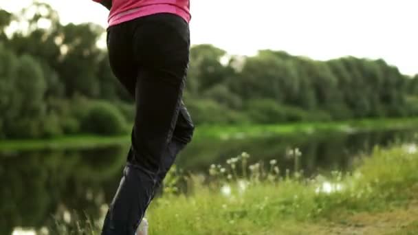 Nahaufnahme von Füßen, die in Turnschuhen auf dem Gras entlang des Flusses laufen — Stockvideo