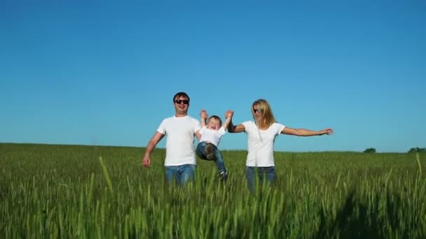 Mother father and son walk in the field with spikes in white t-shirts and jeans fun swinging it on his hands — Stock Video