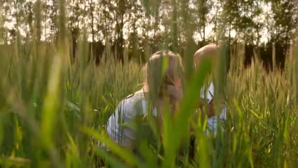 Madre e hijo cariñosos en el campo para comunicarse y abrazarse, los rayos del sol iluminan el cabello. Familia feliz — Vídeos de Stock