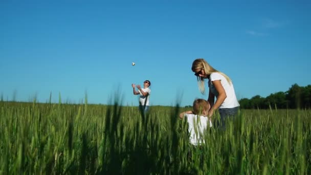 Família feliz: mãe e filho vão para o campo com seu pai que joga com uma bola de futebol — Vídeo de Stock