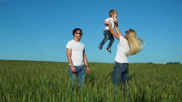 Glückliche Familie auf dem Feld an einem sonnigen Tag im Park Spaß haben und Zeit miteinander verbringen. der Sohn sitzt auf den Schultern seines Vaters — Stockvideo