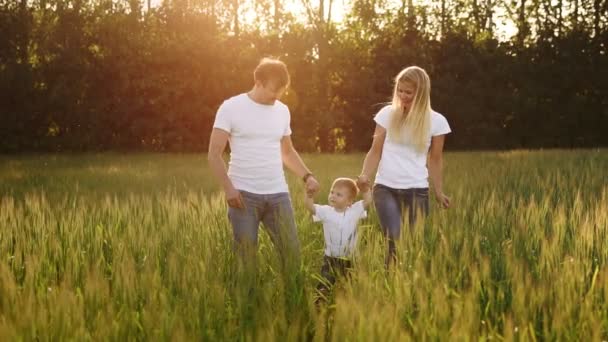 Glückliche Familie, Mutter, Vater und Sohn auf einem emotionalen Spaziergang. Laufen und genießen Sie das Leben auf einer grünen Wiese an der frischen Luft, blauem Himmel, Natur — Stockvideo