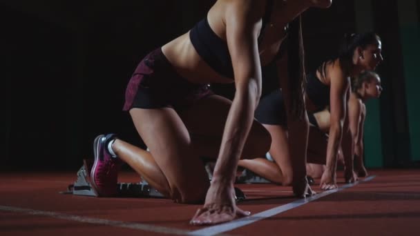 Vrouwelijke lopers op atletiek bijhouden gehurkt op de startblokken voor een race. In slow motion. — Stockvideo