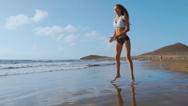 Young strong woman in sportswear doing plyometric exercises on pier. Jump squats, fitness workout outdoors. SLOW MOTION STEADICAM — Stock Footage Young strong woman in sportswear doing plyometric exercises on pier. Jump squats, fitness workout outdoors. SLOW MOTION STEADICAM Royalty Free Stock Footage