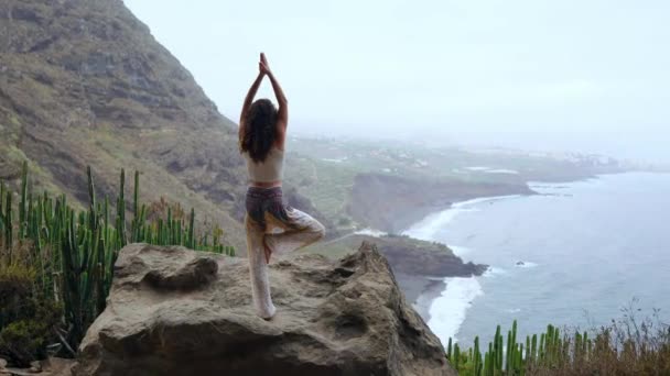 Νεαρή γυναίκα να κάνει γιόγκα στα βουνά σε ένα νησί με θέα τον ωκεανό στέκεται στο ένα πόδι, υψώνοντας τα χέρια της — Αρχείο Βίντεο