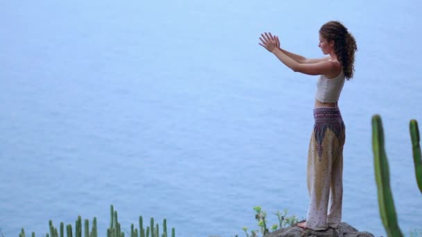 在日落时在岩石海岸做瑜伽的年轻女子。健康生活方式的概念。和谐。人与自然。蓝色海洋的背景. — 图库视频影像