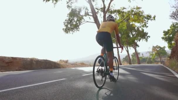 Mountain bike ciclista in salita lungo una strada. Vista posteriore. Giornata estiva. rallentatore — Video Stock