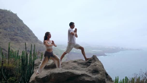 Мужчина и женщина, стоящие на краю скалы с видом на океан, поднимают руки вверх и вдыхают морской воздух во время йоги. — стоковое видео