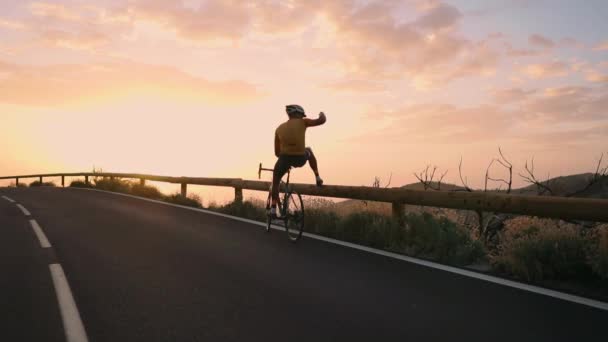 Профессиональный велогонщик в шлеме и спортивном инвентаре, стоящий на краю горы, открывает прекрасный вид на мобильный телефон — стоковое видео