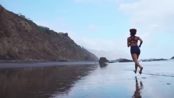 Joggen op het strand met een lege camera stabilisator. zonder mensen — Stockvideo