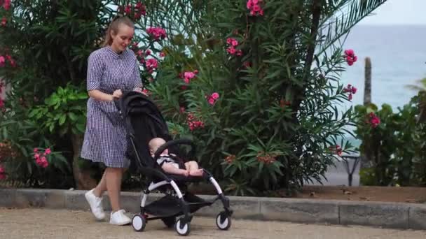 Comprimento total da jovem mulher olhando para a carruagem do bebê no parque — Vídeo de Stock