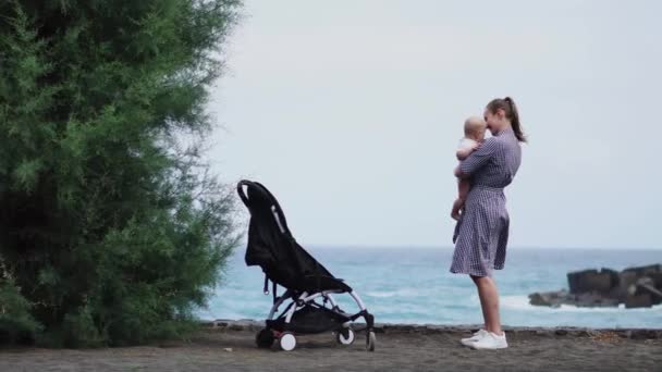 Vista trasera de la joven madre sentada en la playa con cochecito — Vídeo de stock