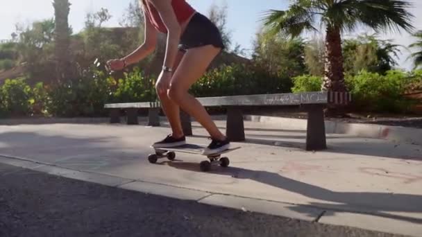 Beautiful young girl rides on road near beach and palm trees on longboard in slow motion — Stock Video