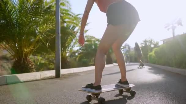 Due ragazze in skate Park cavalcano lungo la pista alla luce del sole sui longboard guardando avanti e ridendo al rallentatore. steadicam vista posteriore — Video Stock