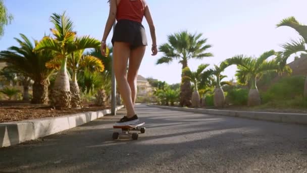 Женщина едет на закате улыбаясь с досками для скейт-борд вдоль тропы в парке с пальмами и песком. Здоровый образ жизни счастливые люди — стоковое видео