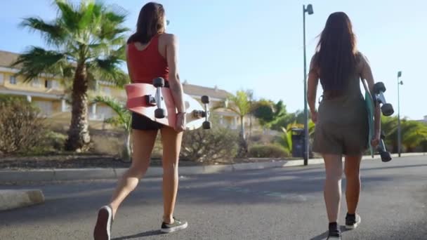 Duas meninas caminhando ao pôr-do-sol sorrindo com pranchas para skate Tabuleiro ao longo do caminho no Parque com palmeiras e areia — Vídeo de Stock