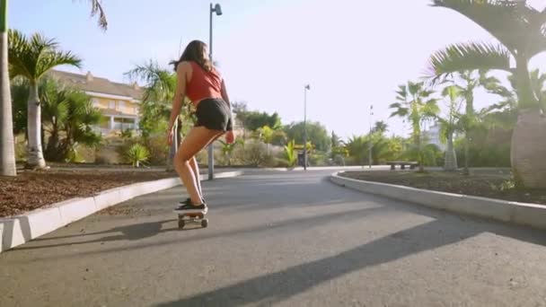 Дівчина на скейтборді в парку — стокове відео