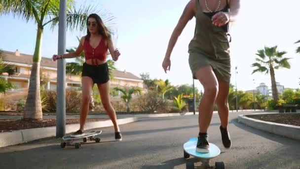 Młode dziewczyny hiszpański jeździć deskorolki na wyspie w pobliżu palmami na asfaltowe ścieżki parku w zwolnionym tempie w promieniach zachodzącego słońca. Szczęście i zdrowego stylu życia. — Wideo stockowe