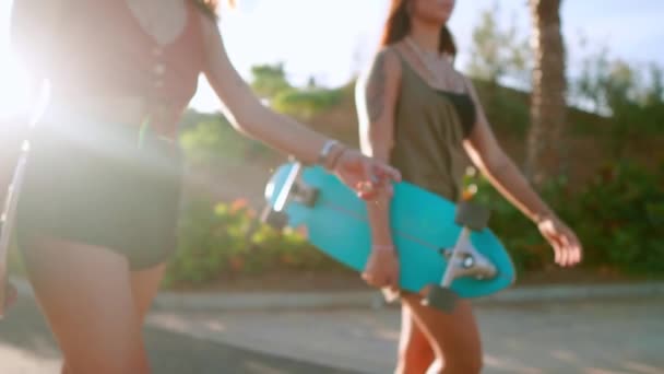 Närbild av unga kvinnor bära skateboards i sina händer och kommunicera med ett leende. Styrelser för ridning i händerna i solen. — Stockvideo