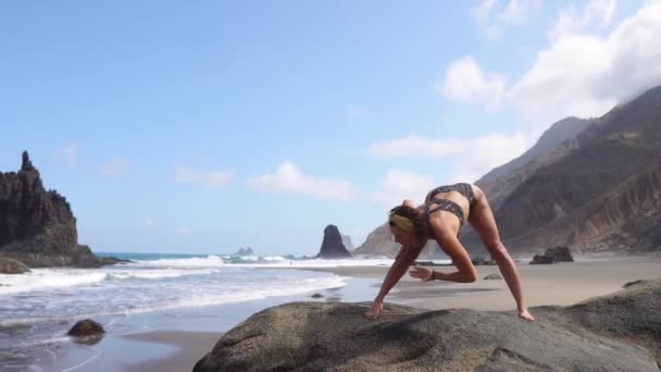 Kvinnan gör gymnastik på havet nära vattnet mot vågorna. Yoga praxis. Hälsosam livsstil. Kvinnan gör gymnastik på havet nära vattnet mot vågorna. Yoga praxis. Friska — Stockvideo