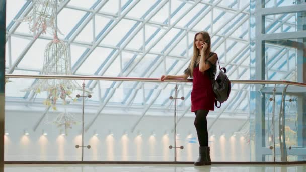 Menina adolescente feliz segurando sacos com compras, sorrindo enquanto olha para o telefone no centro comercial. Recebeu boas notícias, mensagem de leitura, mensagens de texto. Banner de foto horizontal para design de cabeçalho do site — Vídeo de Stock