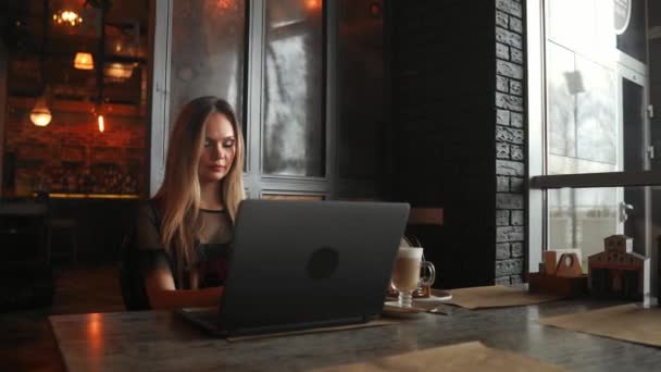 Outdoor Portrait Young Girl She Works Freelancer Cafe Drinking Delicious — Stock Video