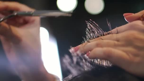 Kadeřník si stříhat vlasy s profesionální nůžky a hřeben v kadeřnictví. Detailní záběr haircutter takže mužský účes s nůžkami v Kadeřnické školy — Stock video