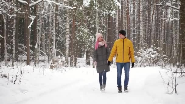 Ein Mann in gelber Jacke und ein Mädchen mit Hut und Schal spazieren bei Schneefall durch den Winterwald und lächeln einander zu Weihnachten in Zeitlupe an — Stockvideo