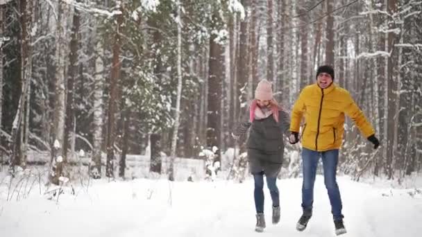 A young and beautiful couple is having fun in the park, running and holding hands. Valentines Day and love story concept. Winter season. — Stock Video