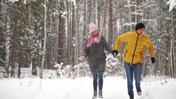 Egy fiatal és gyönyörű pár szórakozik a parkban, futnak és fogják egymás kezét. Valentin nap és szerelmi történet koncepció. Téli szezon. — Stock videók