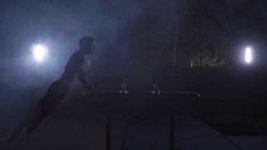 Erkek jimnastikçi kulplu beygir spin performans üzerinde Olimpiyat programdan egzersizleri yapar ve ağır çekimde rulo
