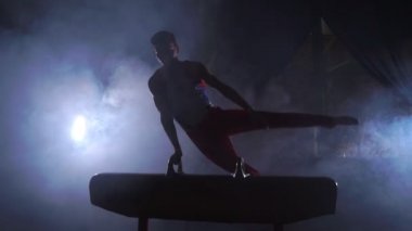 Erkek jimnastikçi kulplu beygir spin performans üzerinde Olimpiyat programdan egzersizleri yapar ve yavaş eğitim zor duman etrafında karanlık odada Olimpiyatları için hazırlık alır ve