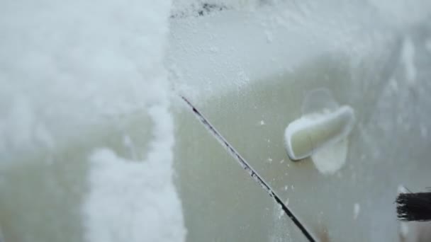A major plan to clean the snow from the car and open the handle of the door in the winter — Stock Video