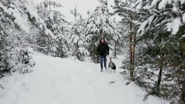 Cintura hacia arriba retrato de feliz pareja moderna jugando con lindo cachorro Husky al aire libre en invierno, se centran en el hombre asiático sonriendo a la cámara — Vídeos de Stock