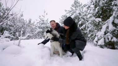 Hoş bir aile, bir erkek ve bir kız ile köpek kış ormandaki. Sibirya husky köpek ile oynamak.