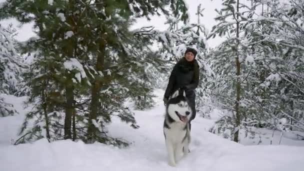 腰の屋外カメラで笑顔の男性に焦点を当てる、冬にかわいいハスキーの子犬が遊んで幸せなモダンなカップルの肖像画 — ストック動画