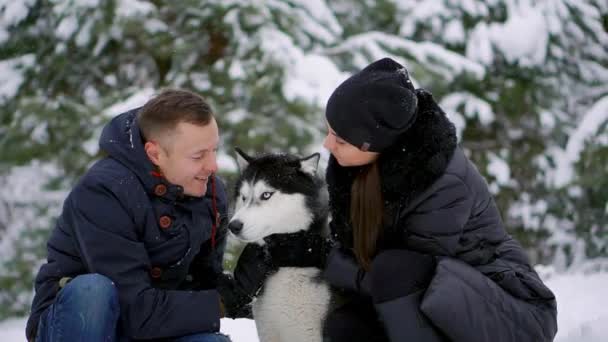Krásná rodina, muž a dívka v zimním lese se psem. Hrát se psem sibiřský husky. — Stock video