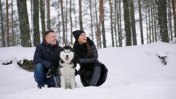 Mężczyzna i kobieta siedzący tulenie psa Siberian husky w lesie zimą uśmiechający się i patrząc na siebie i na aparat. Zwolnionym tempie — Wideo stockowe