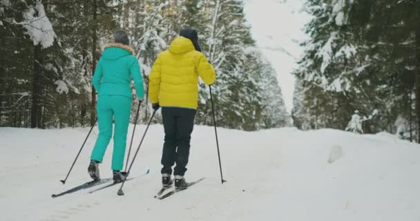 En man i en gul jacka och en kvinna i en blå overall i vintern i skogen skidåkning i slow motion. bakifrån. tillbaka — Stockvideo
